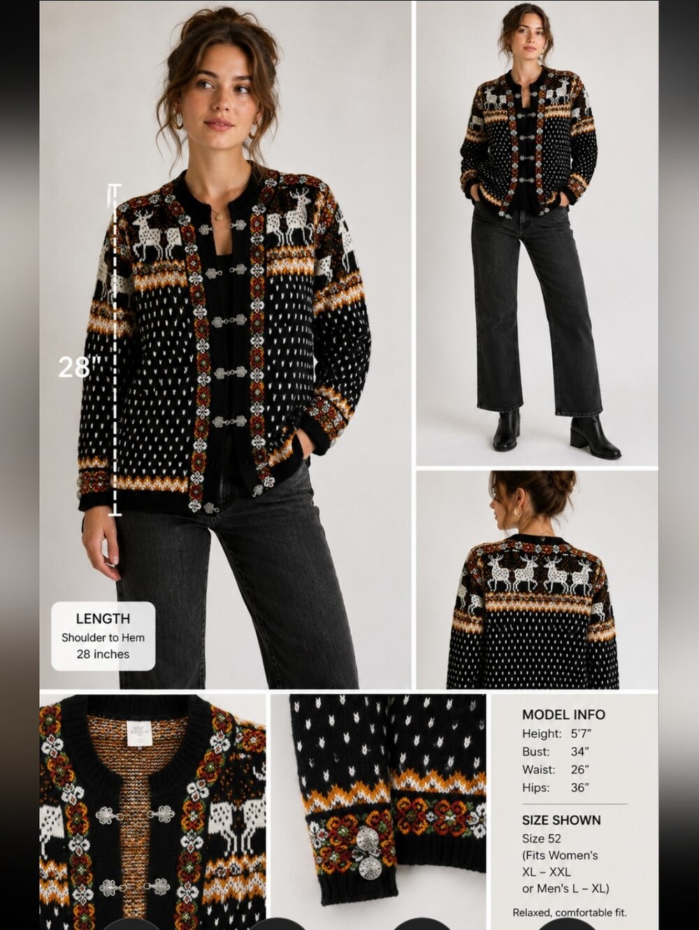 Vintage A.S. Evebøfoss Norwegian Wool Cardigan Black Orange Nordic Reindeer